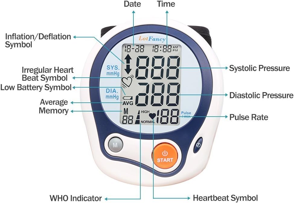 LotFancy Wrist Blood Pressure Monitor, Wrist BP Cuff (5”-8”), 60 Reading Memory, Automatic Digital Blood Pressure Machine, Home BP Gauge for Irregular Heartbeat Detection PMT