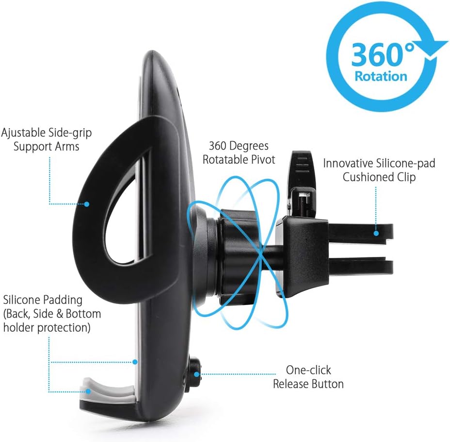 LotFancy Air Vent Car Phone Mount, Universal Cell Phone Holder with 360°Rotation, Mobile Phone Car Mount Cradle with One Touch Design Compatible with Phone 11 Pro Max/XR/XS Max/XS/X/8/8 Plus/7