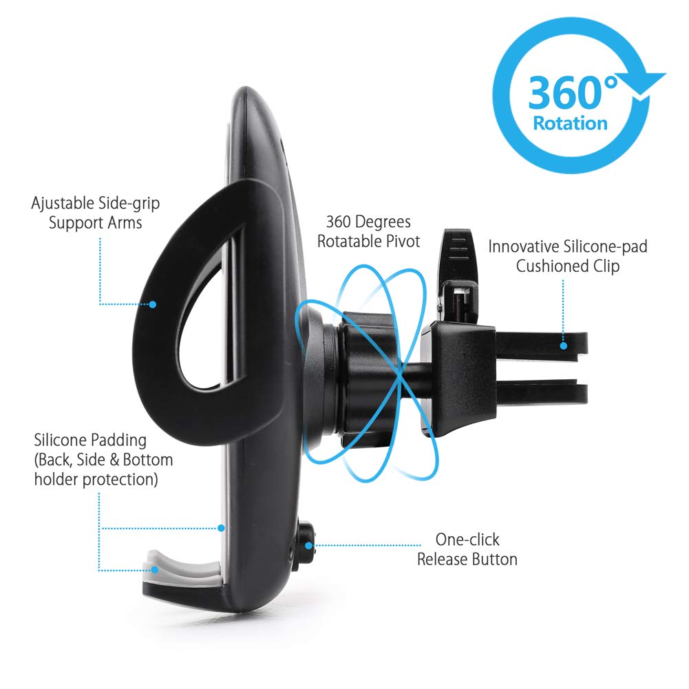 LotFancy Air Vent Car Phone Mount, Universal Cell Phone Holder with 360°Rotation, Mobile Phone Car Mount Cradle with One Touch Design Compatible with Phone 11 Pro Max/XR/XS Max/XS/X/8/8 Plus/7