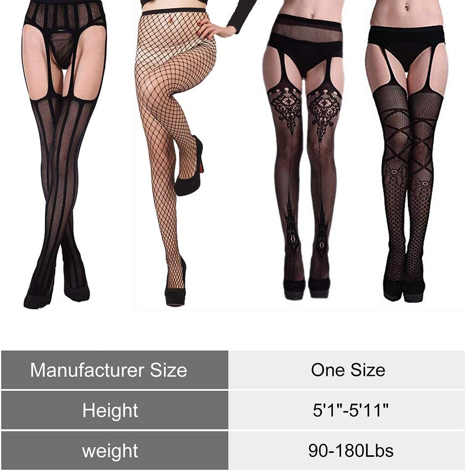 LotFancy 4 Pairs Women Suspender Pantyhose, Thigh High Garter Belt Fishnet Tights Stockings, Sexy Black Lace Tights