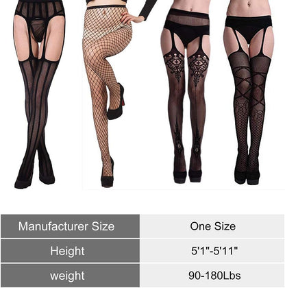 LotFancy 4 Pairs Women Suspender Pantyhose, Thigh High Garter Belt Fishnet Tights Stockings, Sexy Black Lace Tights