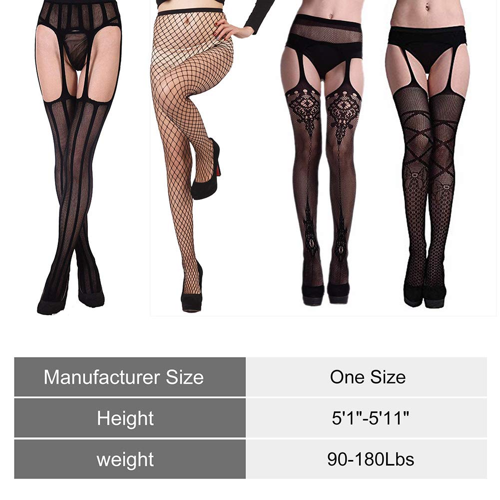 LotFancy 4 Pairs Women Suspender Pantyhose, Thigh High Garter Belt Fishnet Tights Stockings, Sexy Black Lace Tights