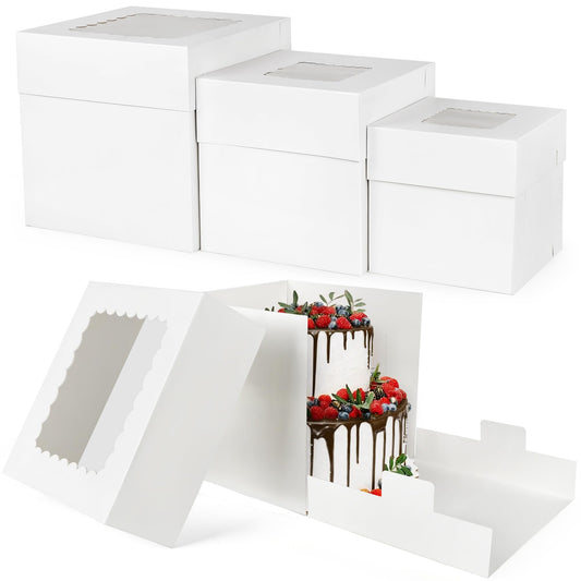 LotFancy Tall Cake Boxes for Tier Cakes, 3 Sizes 12Pcs 12 x12 x 12, 10 x10 x 10 and 8 x 8 x 8 Inch Cake Boxes with Window, White Bakery Boxes, Cardboard Cake Containers for Wedding Birthday