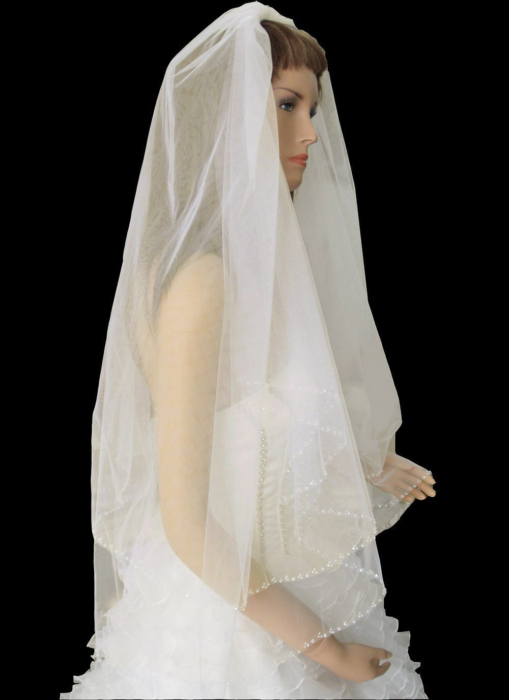 LotFancy 2T 2 Tier Silver Lined Beaded Edge Bridal Wedding Veil, Cut Edge with Hand Sewn Beading (Bugle Beads, Seed Beads and Sequins)