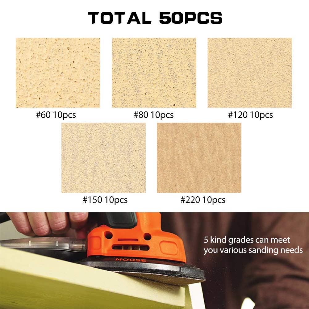 LotFancy Sanding Pads for Black and Decker Mouse Sanders, 50PCS 60 80 120 150 220 Grit Sandpaper Sheets Assortment - Hook and Loop Detail Palm Sander Sand Paper, 12 Holes