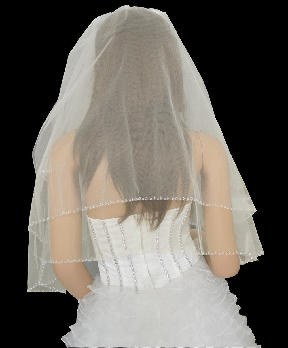 LotFancy 2T 2 Tier Silver Lined Beaded Edge Bridal Wedding Veil, Cut Edge with Hand Sewn Beading (Bugle Beads, Seed Beads and Sequins)