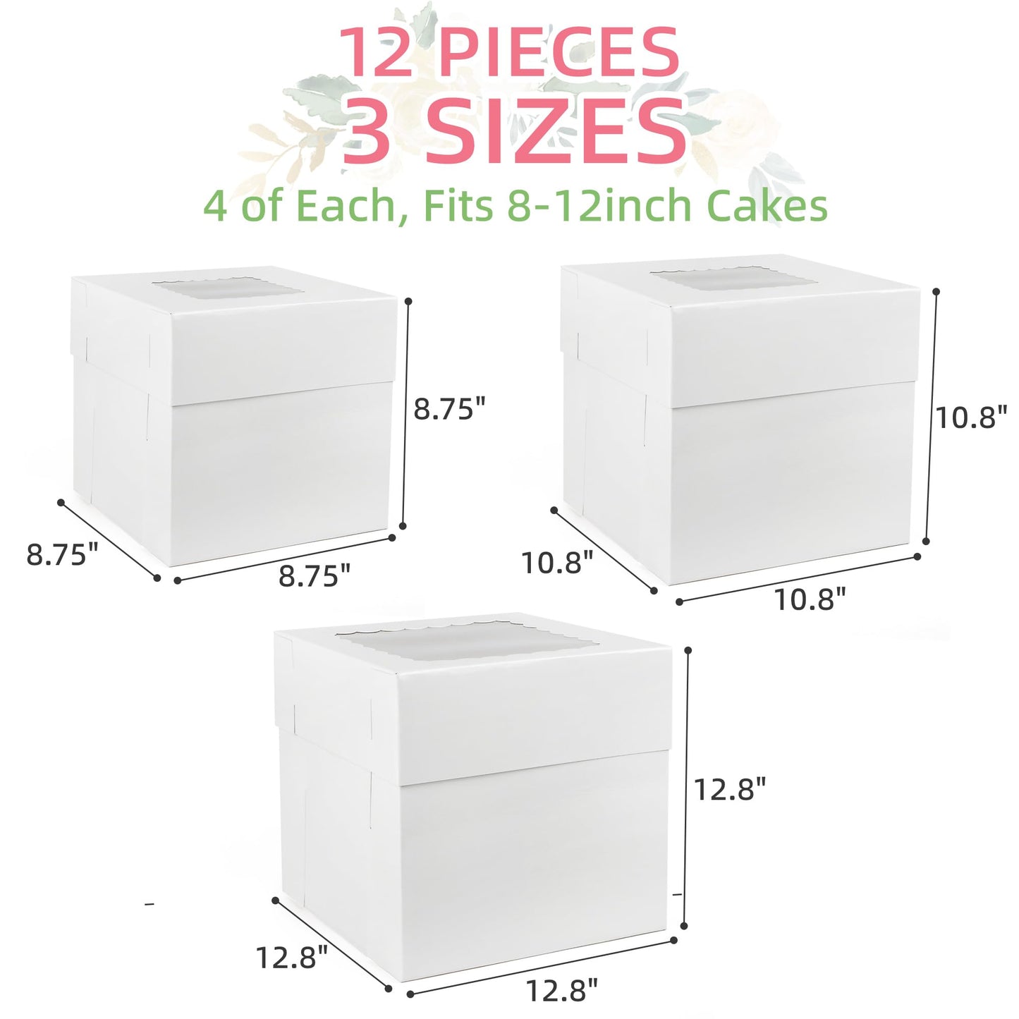 LotFancy Tall Cake Boxes for Tier Cakes, 3 Sizes 12Pcs 12 x12 x 12, 10 x10 x 10 and 8 x 8 x 8 Inch Cake Boxes with Window, White Bakery Boxes, Cardboard Cake Containers for Wedding Birthday