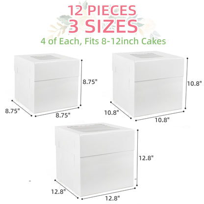 LotFancy Tall Cake Boxes for Tier Cakes, 3 Sizes 12Pcs 12 x12 x 12, 10 x10 x 10 and 8 x 8 x 8 Inch Cake Boxes with Window, White Bakery Boxes, Cardboard Cake Containers for Wedding Birthday