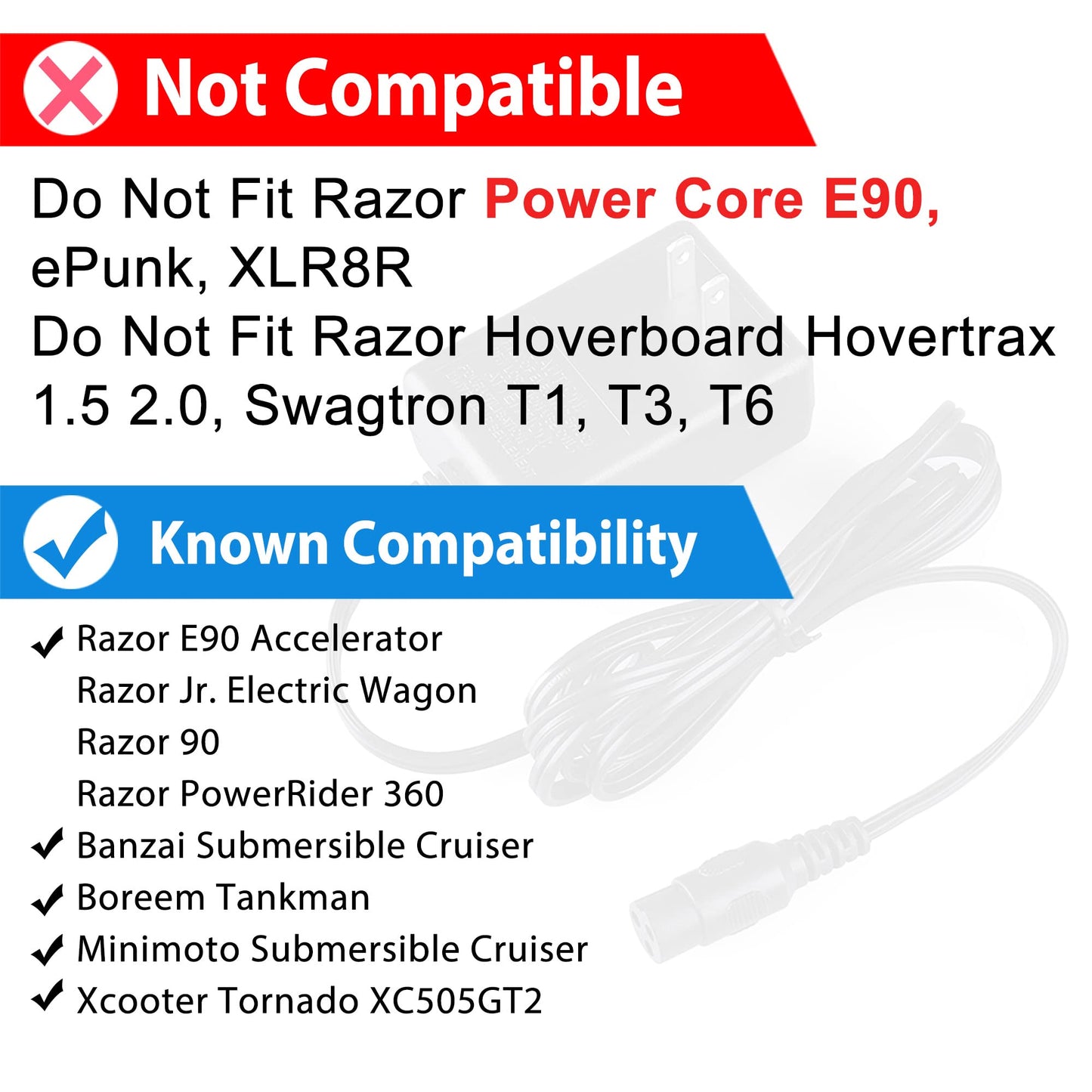 12V 1A Scooter Battery Charger for Razor E90, PowerRider 360, Jr. Electric Wagon, Boreem Tankman, Mambo Liberty 312, Xcooter Tornado XC505GT2, Minimoto Submersible Cruiser, Replacement W13111401014