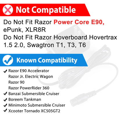 12V 1A Scooter Battery Charger for Razor E90, PowerRider 360, Jr. Electric Wagon, Boreem Tankman, Mambo Liberty 312, Xcooter Tornado XC505GT2, Minimoto Submersible Cruiser, Replacement W13111401014