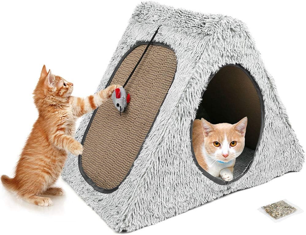 Cat Scratcher Cardboard House Condo, Removable Cat Scratcher Pads with Mouse Toy & Catnip, Reversible Panel Vertical Foldable Cat Scratching Lounger, Recycle Corrugated Board