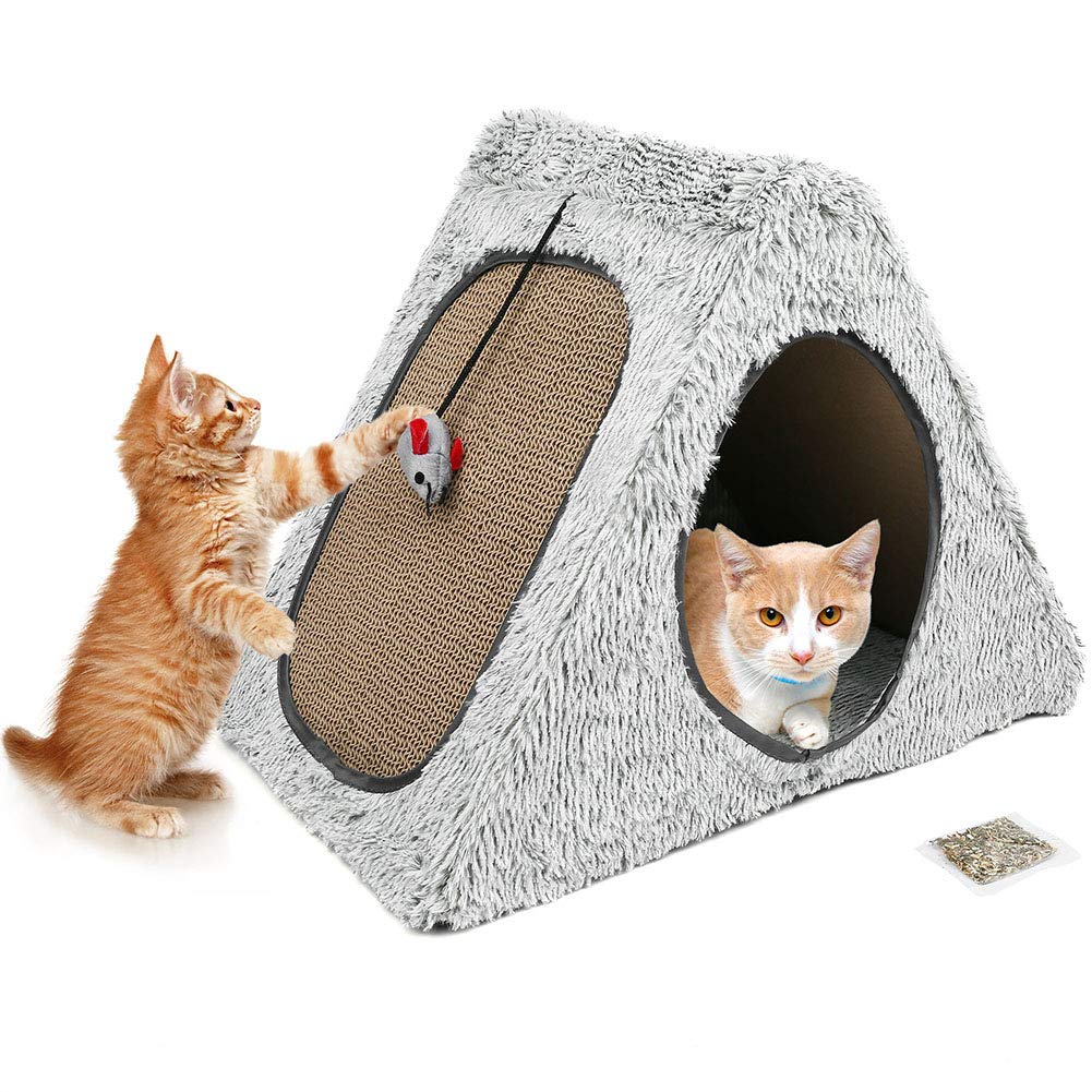 Cat Scratcher Cardboard House Condo, Removable Cat Scratcher Pads with Mouse Toy & Catnip, Reversible Panel Vertical Foldable Cat Scratching Lounger, Recycle Corrugated Board