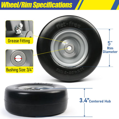 LotFancy 11x4.00-5” Flat Free Lawn Mower Tire and Wheel, 3/4" or 5/8" Bushings, 3.4"-4"-4.5"-5" Centered Hub