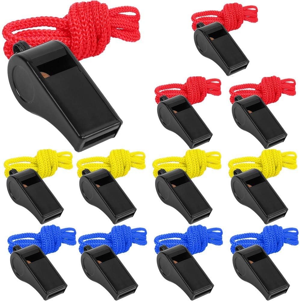 LotFancy 12 Pack Coaching Whistles, Referee Whistles with Colorful Lanyard, ABS Plastic Sport Whistle for Personal Safety, Loud and Crisp Sound, Bulk for Emergency, Survival, Hiking, Walking at Night