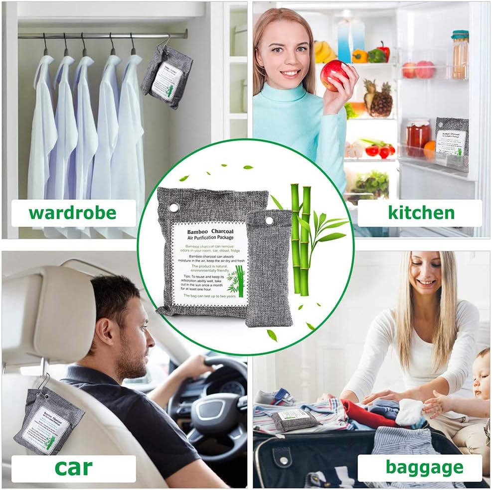 LotFancy Bamboo Charcoal Air Purifying Bags, 8 Pack (4 x 200g + 4 x 60g) Activated Charcoal Odor Eliminator Bags, Nature Air Purifier Bags for Home, Car, Closet, Pet Areas, Bathroom