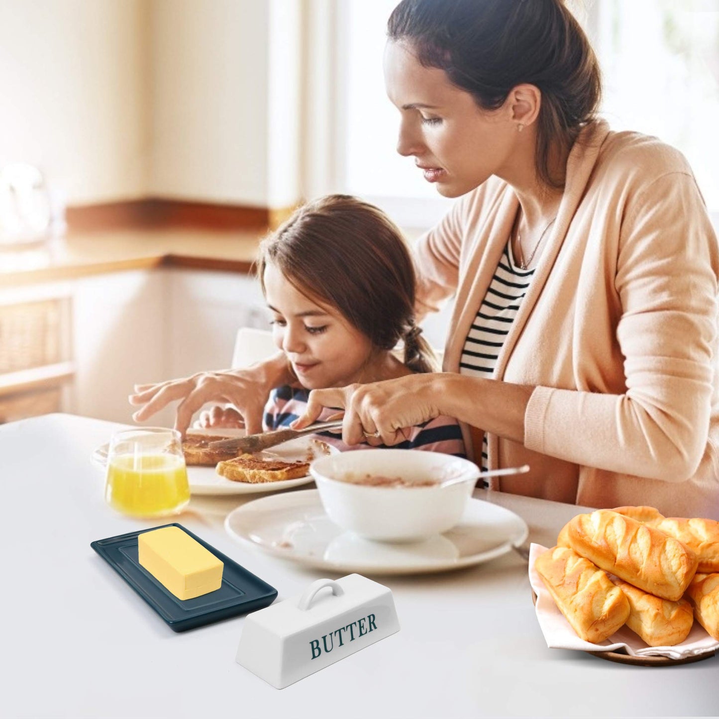 LotFancy Butter Dish with Lid, Ceramic Butter Keeper with Handle, Covered Butter Holder for Counter, Dishwasher Safe, Home Decor