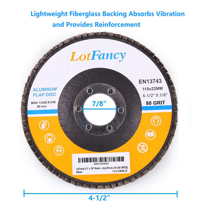 LotFancy Flap Discs 4 1/2 Inch, 80 Grit, 10PCS Sanding Grinding Wheels, for Angle Grinder, 4.5” x 7/8”, Aluminum Oxide Abrasive, Type #27