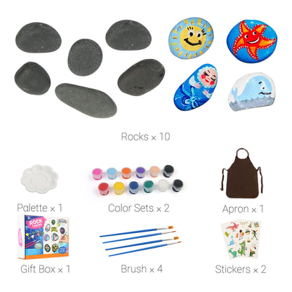 BenBen Rock Painting Kit, Kids DIY Hide & Seek Rocks Set, Fun Stone Creative Arts & Crafts Supplies for Girls Boys Aged 3+, Includes 10 Rocks, 12 Paint Colors, 4 Brushes