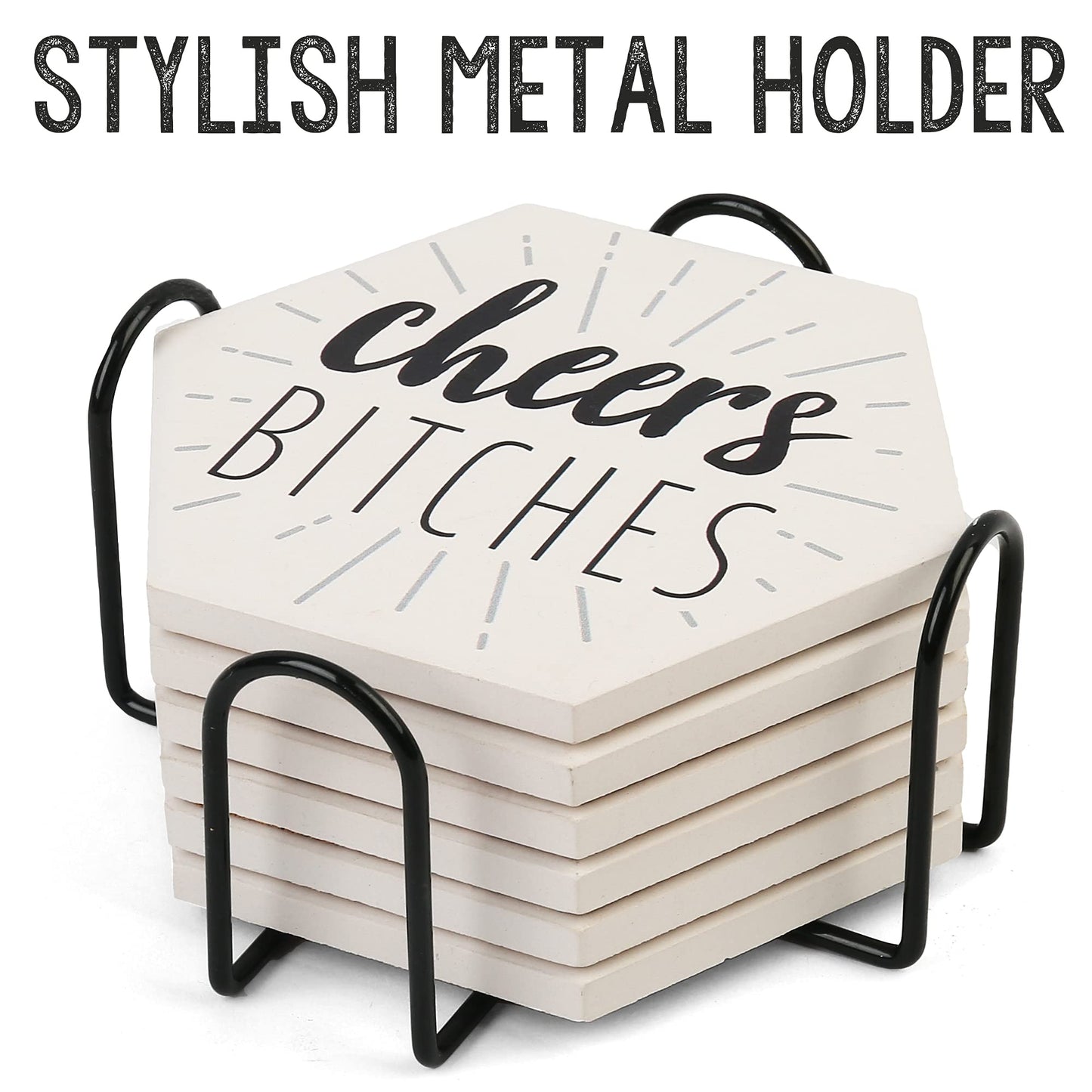 LotFancy Funny Coasters for Drinks Absorbent with Holder, 6PCS Ceramic Coasters with Cork Base