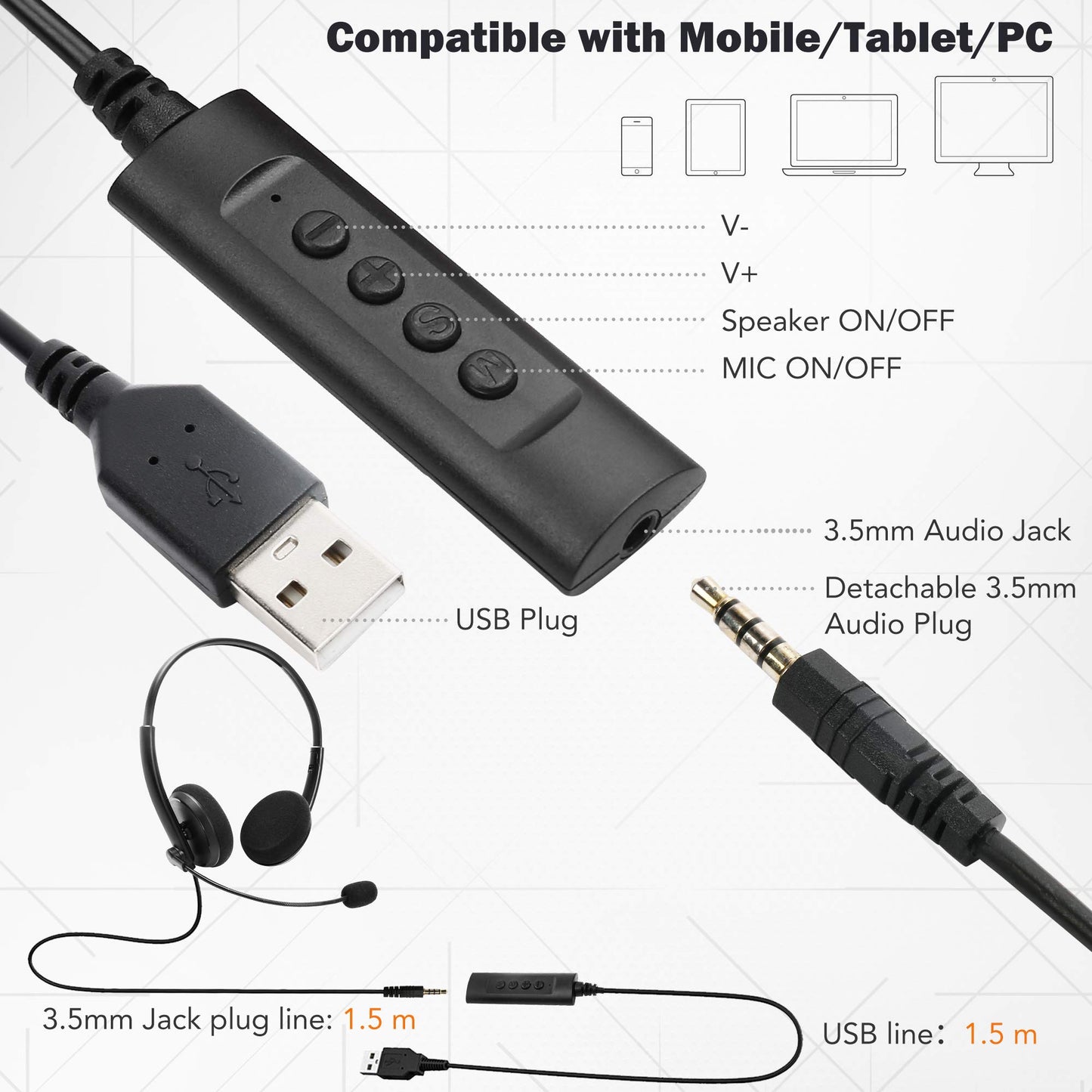 LotFancy USB Headset, Corded PC Headphone with Noise Cancelling Microphone, Connect to Mobile Phone/Computer/Laptop, for Work, Gaming, 3.5mm / USB