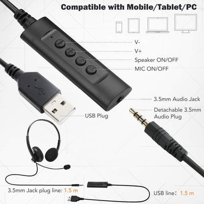 LotFancy USB Headset, Corded PC Headphone with Noise Cancelling Microphone, Connect to Mobile Phone/Computer/Laptop, for Work, Gaming, 3.5mm / USB