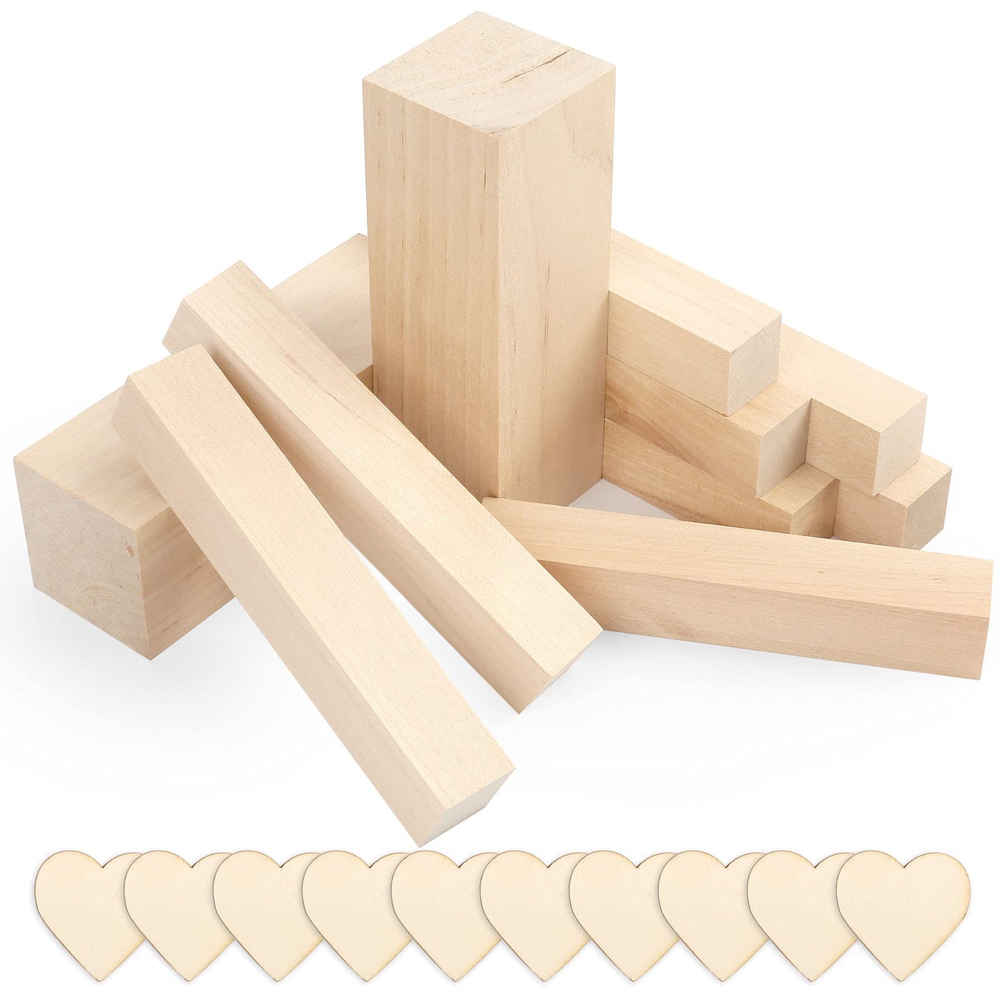 LotFancy Basswood Carving Blocks, 10 PCS, 8 Small 1x1x6”, 2 Large 2x2x6”, Wood Whittling Kit for Beginners, Natural Unfinished Wood Block for Crafts, with 10 Heart Shaped Wooden Cutouts