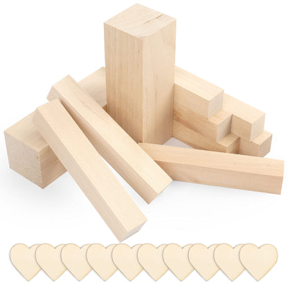 LotFancy Basswood Carving Blocks, 10 PCS, 8 Small 1x1x6”, 2 Large 2x2x6”, Wood Whittling Kit for Beginners, Natural Unfinished Wood Block for Crafts, with 10 Heart Shaped Wooden Cutouts