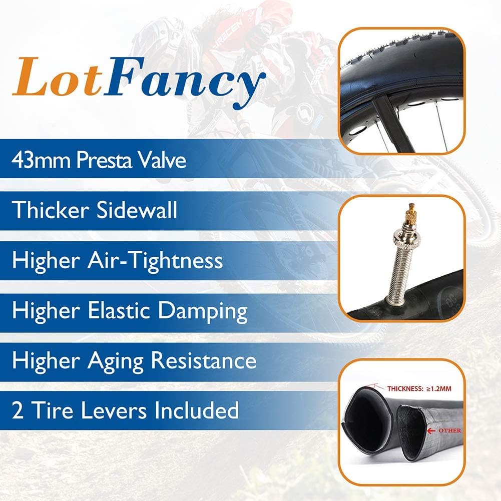 LotFancy 27.5 29 inch Mountain Bike Tube, 2PCS 27.5 x 2.125/2.4, 29 x 2.125/2.4 Bicycle Inner Tubes, 42mm Presta Valve, 2 Tire Levers Included