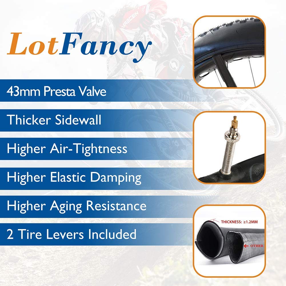 LotFancy 27.5 29 inch Mountain Bike Tube, 2PCS 27.5 x 2.125/2.4, 29 x 2.125/2.4 Bicycle Inner Tubes, 42mm Presta Valve, 2 Tire Levers Included