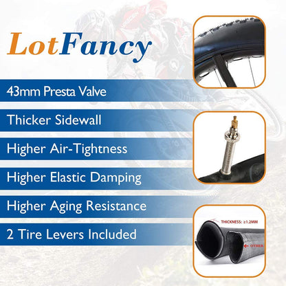 LotFancy 27.5 29 inch Mountain Bike Tube, 2PCS 27.5 x 2.125/2.4, 29 x 2.125/2.4 Bicycle Inner Tubes, 42mm Presta Valve, 2 Tire Levers Included