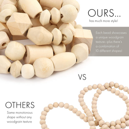 LotFancy Natural Wooden Bead Garland with Tassel, 60in / 5ft, Modern Farmhouse Boho Bead String for Décor, Various Shapes Design, for Home Wall Shelf Coffee Table