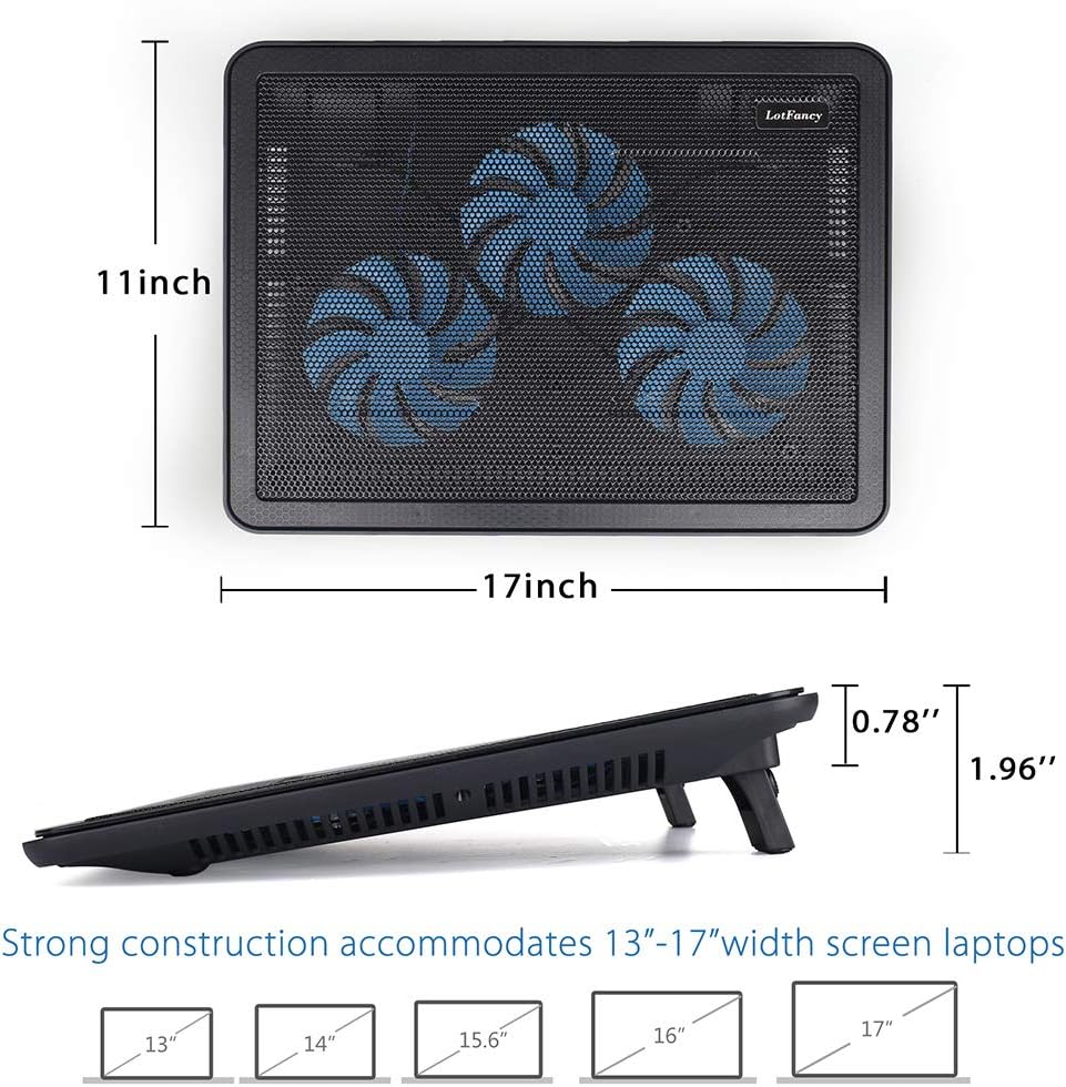 LotFancy Laptop Fan Cooling Pad, Notebook Cooler for 13”-17” Laptop, Lap Chill Mat with 3 LED Quiet Fans, 2 USB Ports, Adjustable Stand, Portable & Quiet for Gaming, Working