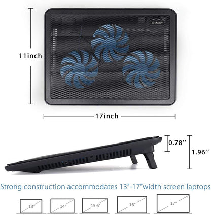 LotFancy Laptop Fan Cooling Pad, Notebook Cooler for 13”-17” Laptop, Lap Chill Mat with 3 LED Quiet Fans, 2 USB Ports, Adjustable Stand, Portable & Quiet for Gaming, Working
