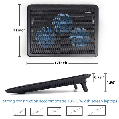 LotFancy Laptop Fan Cooling Pad, Notebook Cooler for 13”-17” Laptop, Lap Chill Mat with 3 LED Quiet Fans, 2 USB Ports, Adjustable Stand, Portable & Quiet for Gaming, Working
