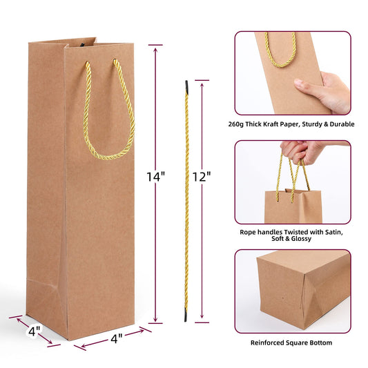 LotFancy Kraft Wine Bags 12 Pack, 4"x4"x14" Brown Wine Gift Bags with Handles, Perfect for Christmas, Wedding, Birthday Party, Housewarming