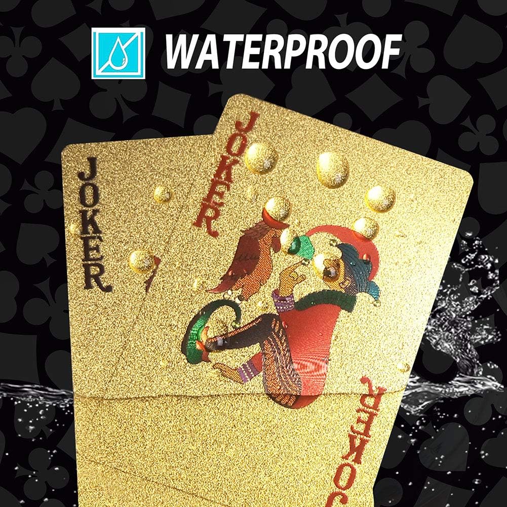 LotFancy Golden Foil Plated Playing Cards, 2 Decks of Cards, Bridge Size Standard Index, for Cards Games, Magic Props, Great Gift (1 Deck Bill Backing and 1 Deck Mosaic Backing)