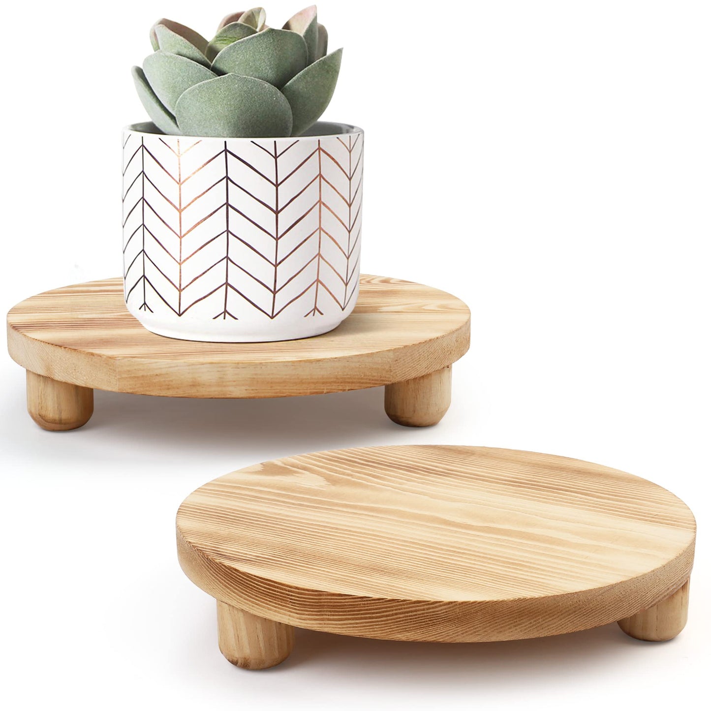 LotFancy Wooden Plant Stool, 2Pack, 10” Low Plant Stand, Round Pot Flower Pedestal Riser Holder for Indoor Outdoor Display