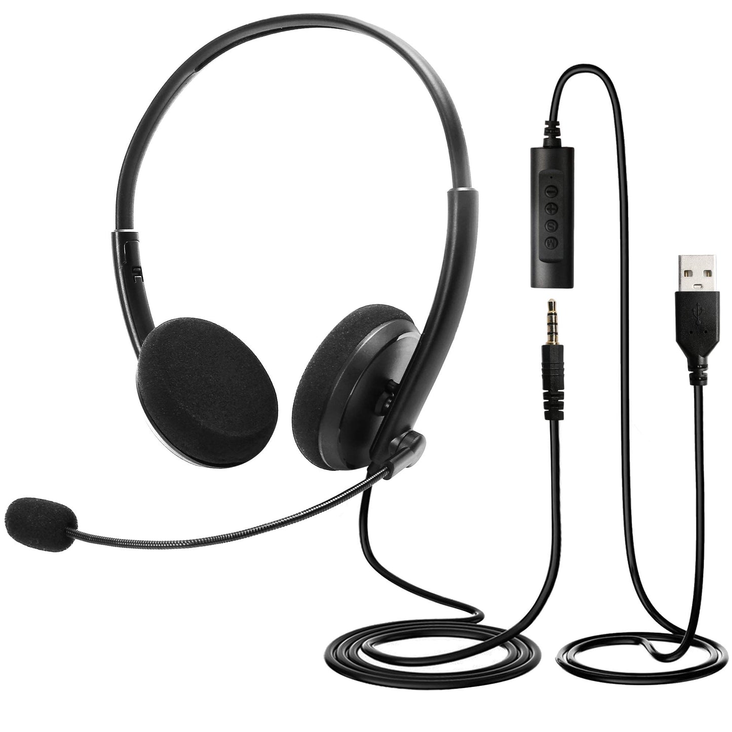 LotFancy USB Headset, Corded PC Headphone with Noise Cancelling Microphone, Connect to Mobile Phone/Computer/Laptop, for Work, Gaming, 3.5mm / USB