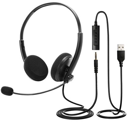 LotFancy USB Headset, Corded PC Headphone with Noise Cancelling Microphone, Connect to Mobile Phone/Computer/Laptop, for Work, Gaming, 3.5mm / USB