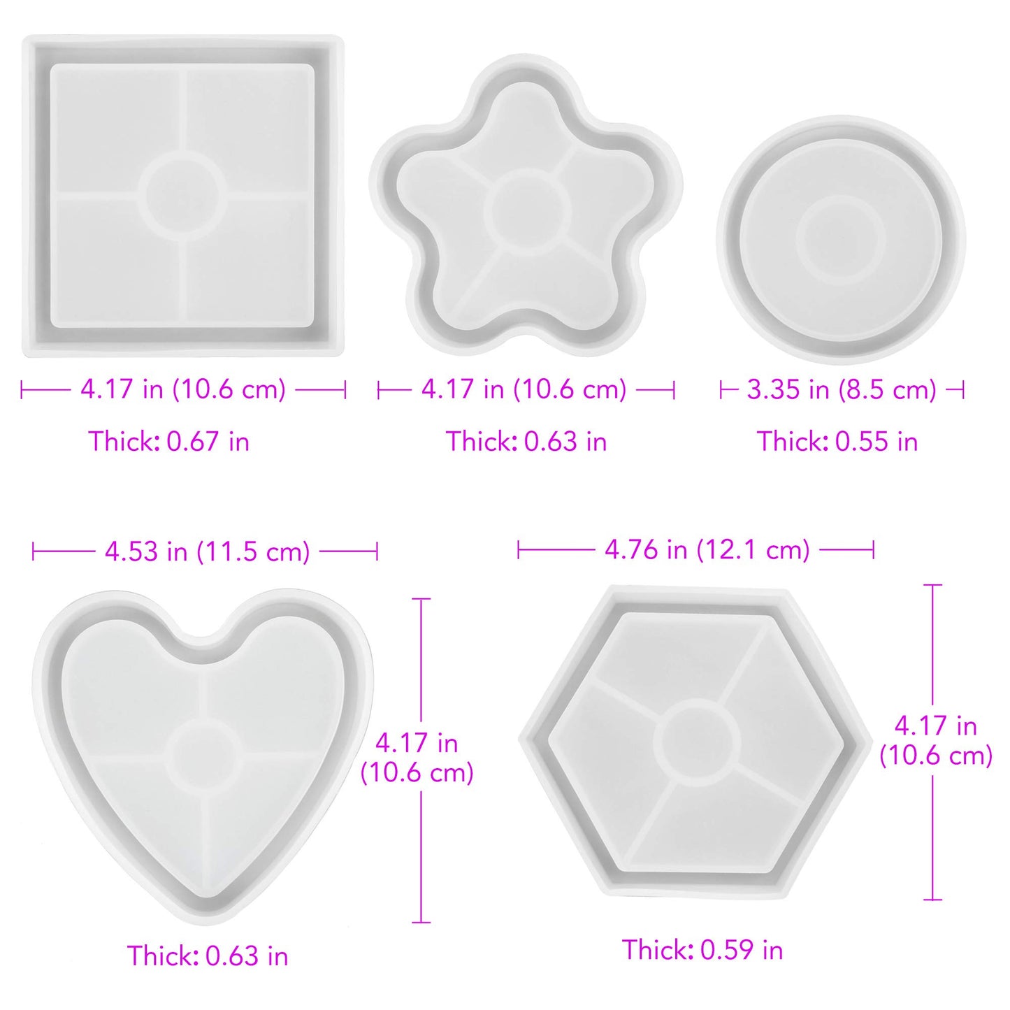 LotFancy Coaster Molds for Resin Casting, 5pcs Epoxy Resin Molds, DIY Art Silicone Molds, with 12 Colors of Chunky Glitter Sequins, Round Hexagon Square Heart Flower Shape Pack