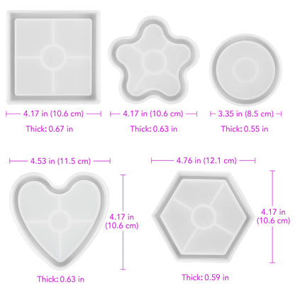 LotFancy Coaster Molds for Resin Casting, 5pcs Epoxy Resin Molds, DIY Art Silicone Molds, with 12 Colors of Chunky Glitter Sequins, Round Hexagon Square Heart Flower Shape Pack