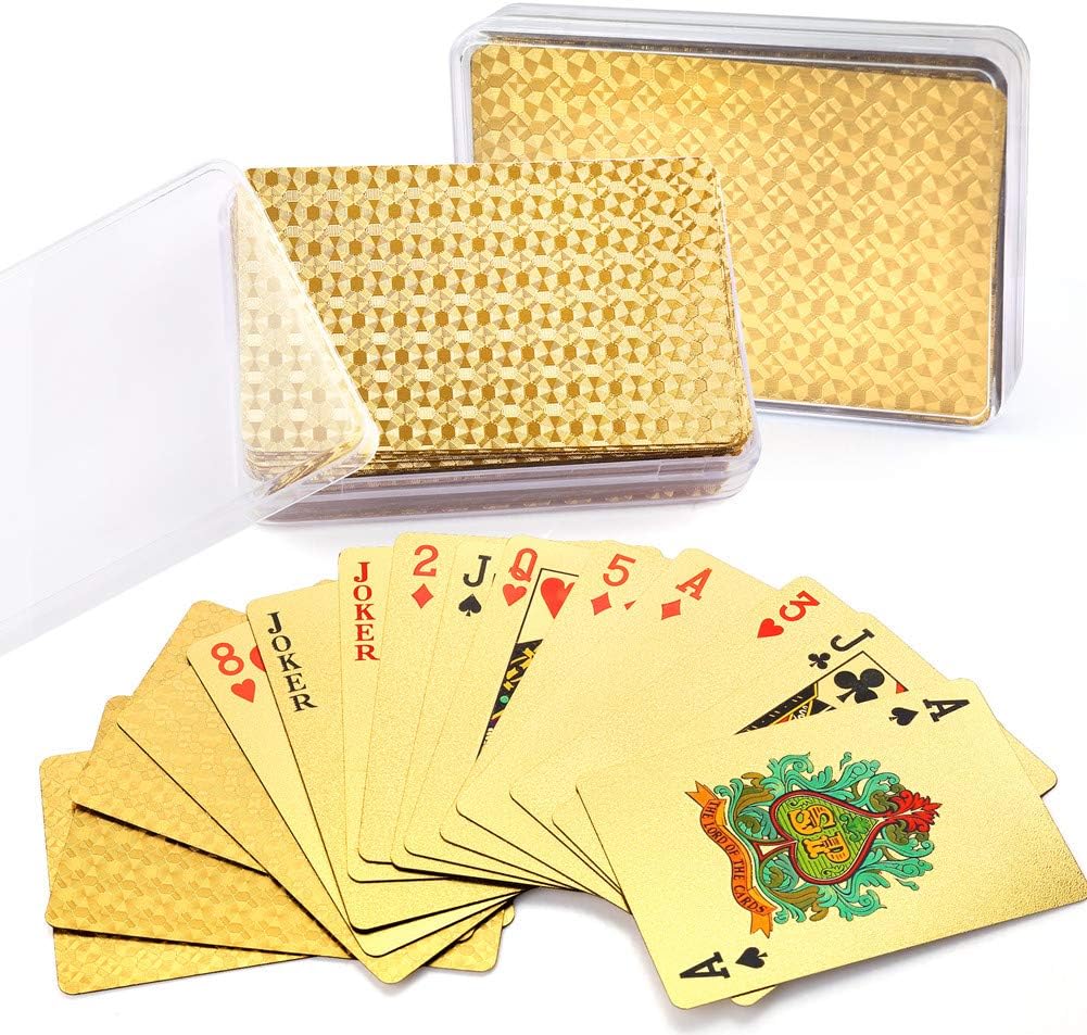 24K Gold Foil Playing Cards, 2 Decks of Cards with Boxes, Waterproof Plastic, Bridge Size Standard Index, for Cards Games, Magic Props