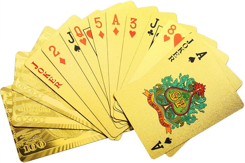 LotFancy Golden Foil Plated Playing Cards, 2 Decks of Cards, Bridge Size Standard Index, for Cards Games, Magic Props, Great Gift (1 Deck Bill Backing and 1 Deck Mosaic Backing)