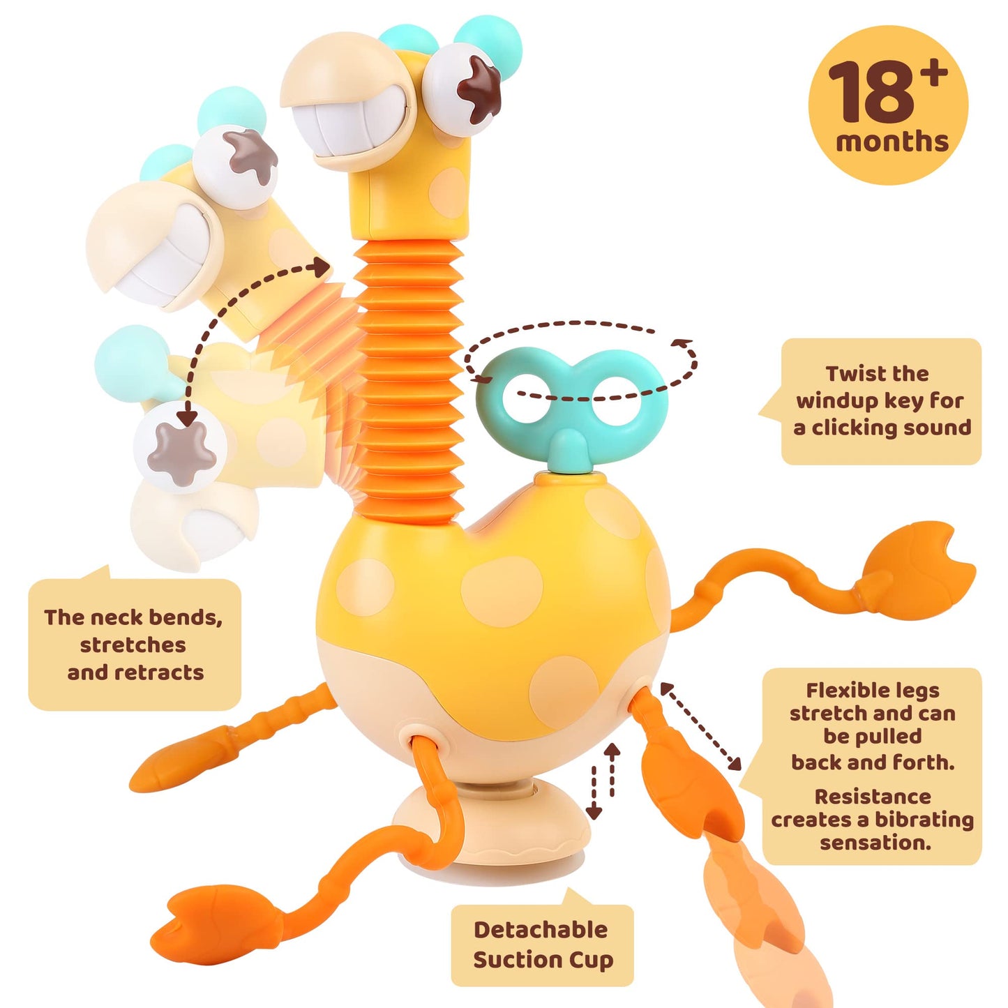 Baby Sensory Toys, Montessori Silicone Giraffe Pull String Activity Toy, with Twisting Windup Key & Neck Pop Tube for Fine Motor Skills, High Chair Toy with Suction Cup Attachment for 18 M+ Toddler