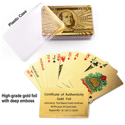 LotFancy Golden Foil Plated Playing Cards, 2 Decks of Cards, Bridge Size Standard Index, for Cards Games, Magic Props, Great Gift (1 Deck Bill Backing and 1 Deck Mosaic Backing)