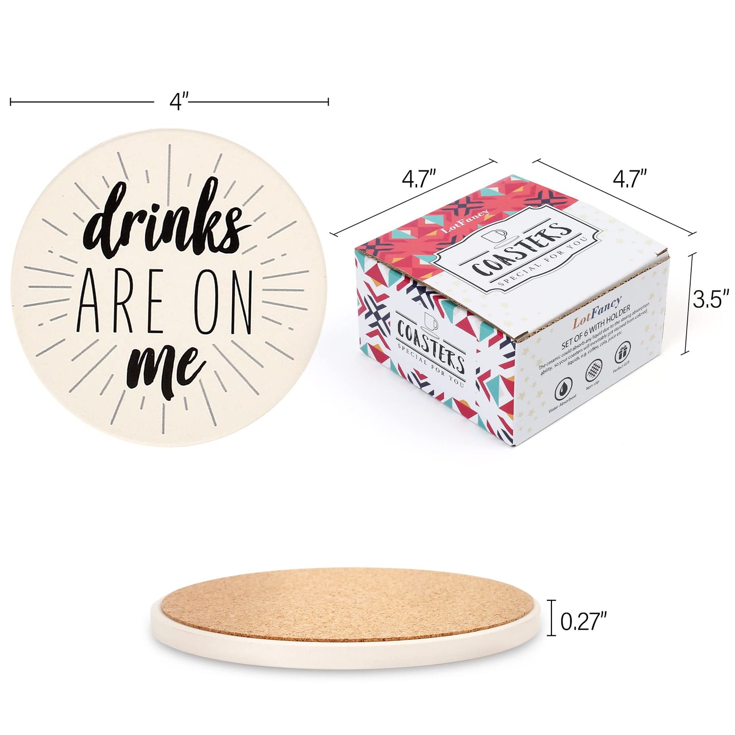 LotFancy Funny Coasters for Drinks Absorbent with Holder, 6PCS Ceramic Coasters with Cork Base