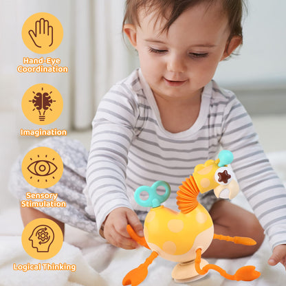 Baby Sensory Toys, Montessori Silicone Giraffe Pull String Activity Toy, with Twisting Windup Key & Neck Pop Tube for Fine Motor Skills, High Chair Toy with Suction Cup Attachment for 18 M+ Toddler