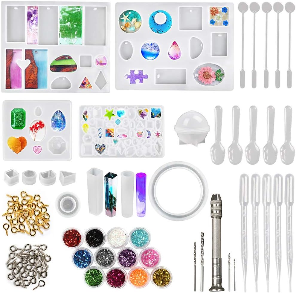 LotFancy Epoxy Resin Molds Kit for Beginners, 141pcs Jewelry Silicone Molds for Resin Casting, DIY Crystal Glue Jewelry Mold Set for Pendant Earring, Includes Hand Drill, Glitter Sequins and Tools