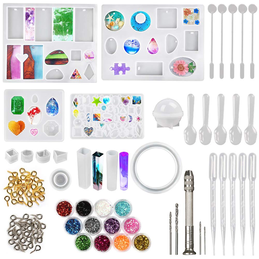 LotFancy Epoxy Resin Molds Kit for Beginners, 141pcs Jewelry Silicone Molds for Resin Casting, DIY Crystal Glue Jewelry Mold Set for Pendant Earring, Includes Hand Drill, Glitter Sequins and Tools