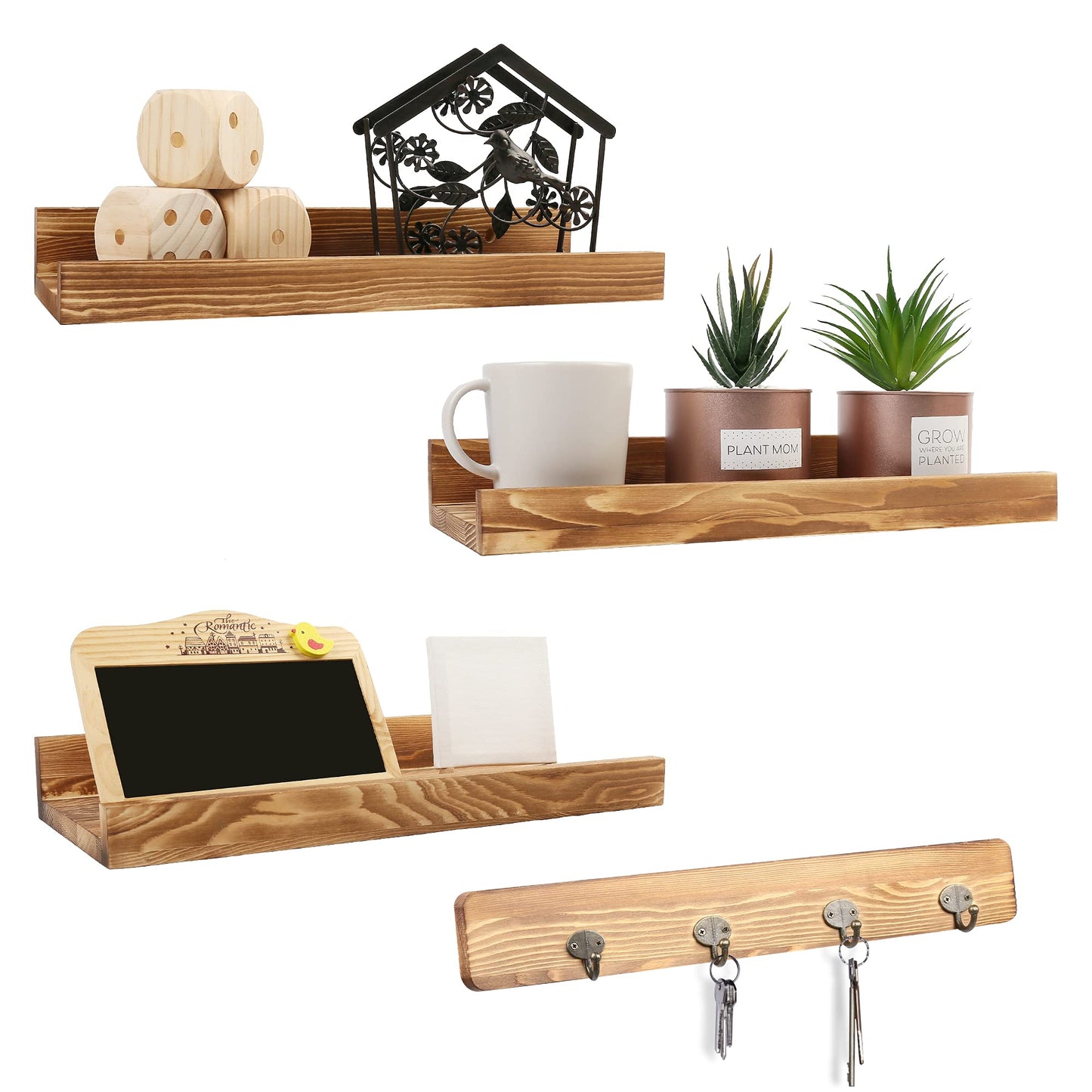 LotFancy Floating Shelves, 16 Inch, Set of 3, Wall Mounted Wood Shelves, Rustic Wall Shelf Picture Ledge for Bathroom, Living Room, Bedroom, Office, Kitchen, Bonus a Wooden Board with 4 Hooks